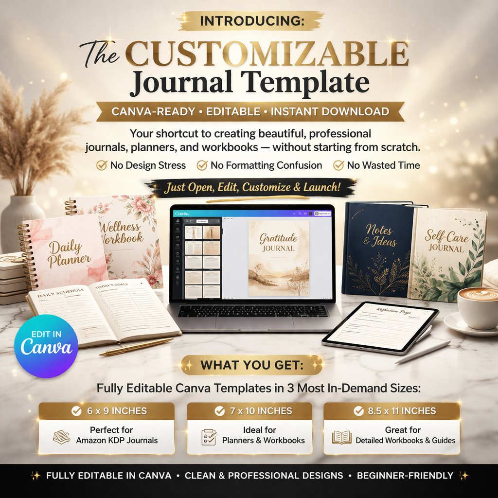 Editable Journal Templates (6x9, 7x10, 8.5x11) – Fully Customisable Canva Bundle for Digital & KDP Publishing